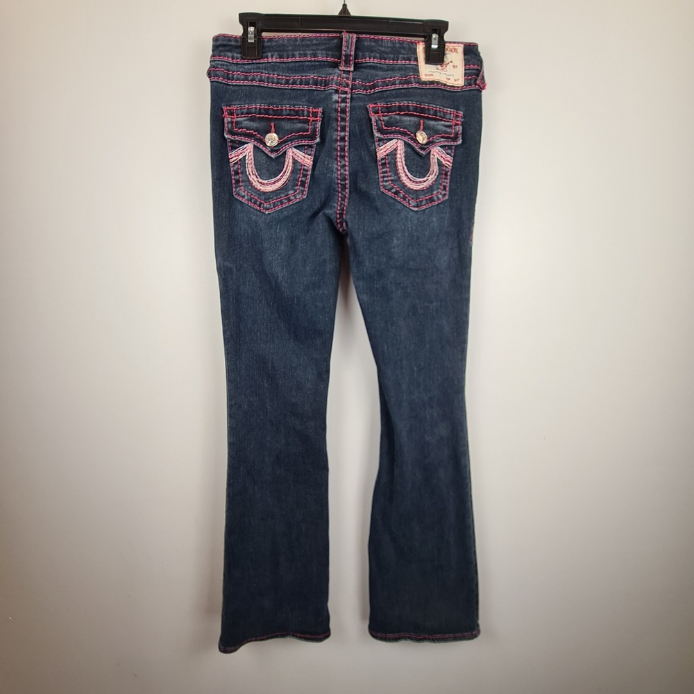 True Religion Becca Low Rise Bootcut Jeans Dark Blue Pink Contrast Stitch Sz 29 - Picture 9 of 10